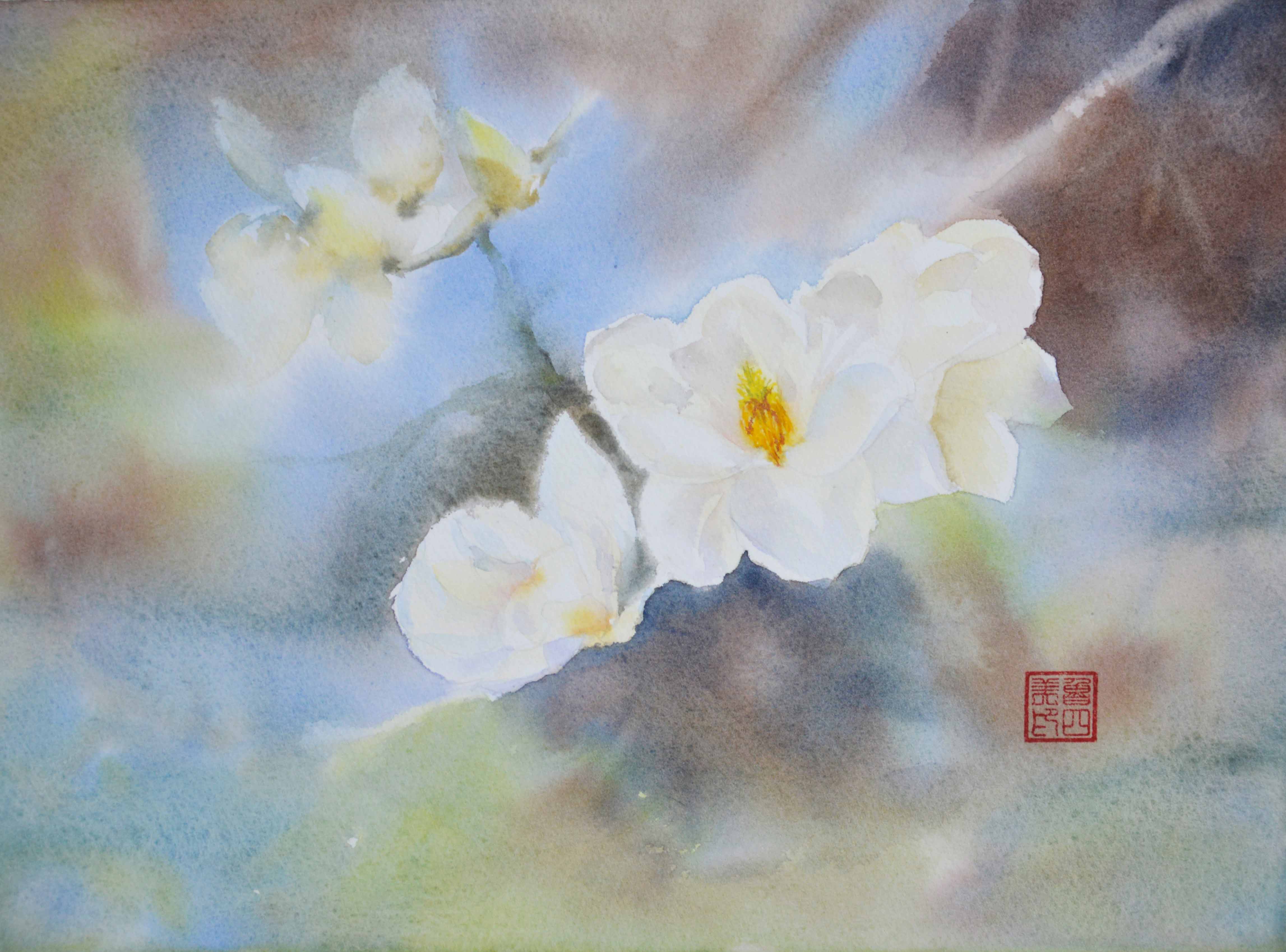 Soft white magnolia watercolor painting